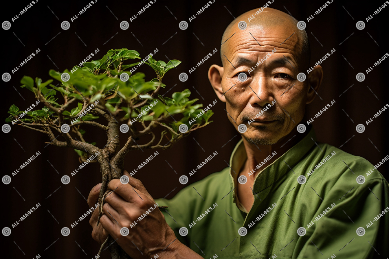 Person Holding a Bonsai Tree,coups de pied, personne, visage humain, intérieur, captivé, homme, usine, vibrant, bonsaï, se concentrer, jardinier, timidité, équitable, arbre, vert, serein, pyrotechnicienne, fermer, série indycar, vêtements