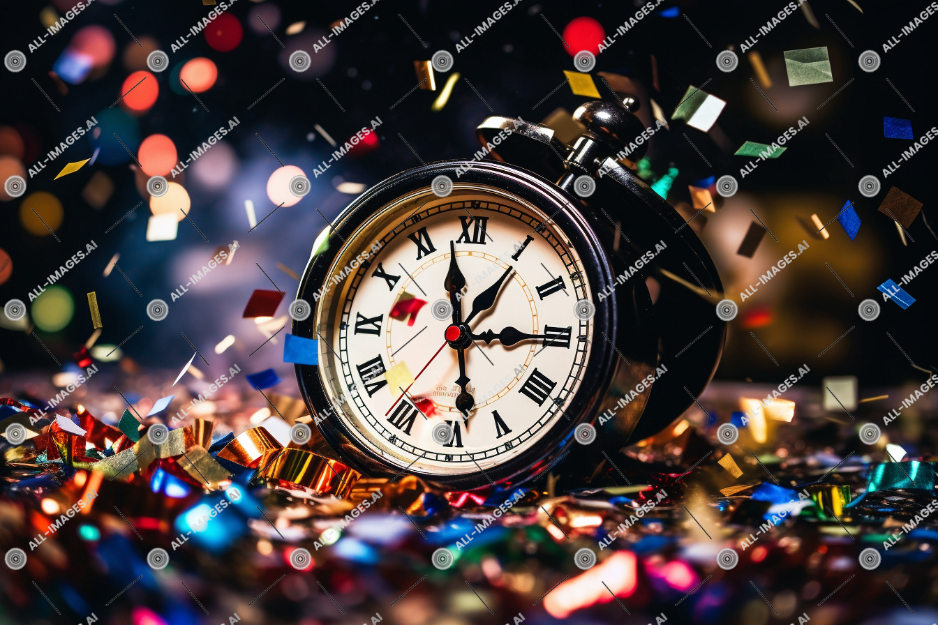 New Year's Countdown Celebration Clock,horloge, coloré, ethnomusicologue, fête, voir, aérien, montre, éclatement, lumière, banlieusard, Champagne, minuit, confettis, frappant, nouveau, temps, nuit, bouteille, gardiens, air