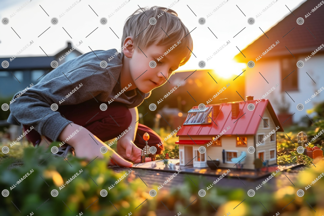 Un garçon jouant avec une maison de jouets,enfant, personne, jeune, visage humain, coloré, ciel, usine, éducatif, Extérieur, loger, jouet, tout-petit, garçon, jouant, vêtements