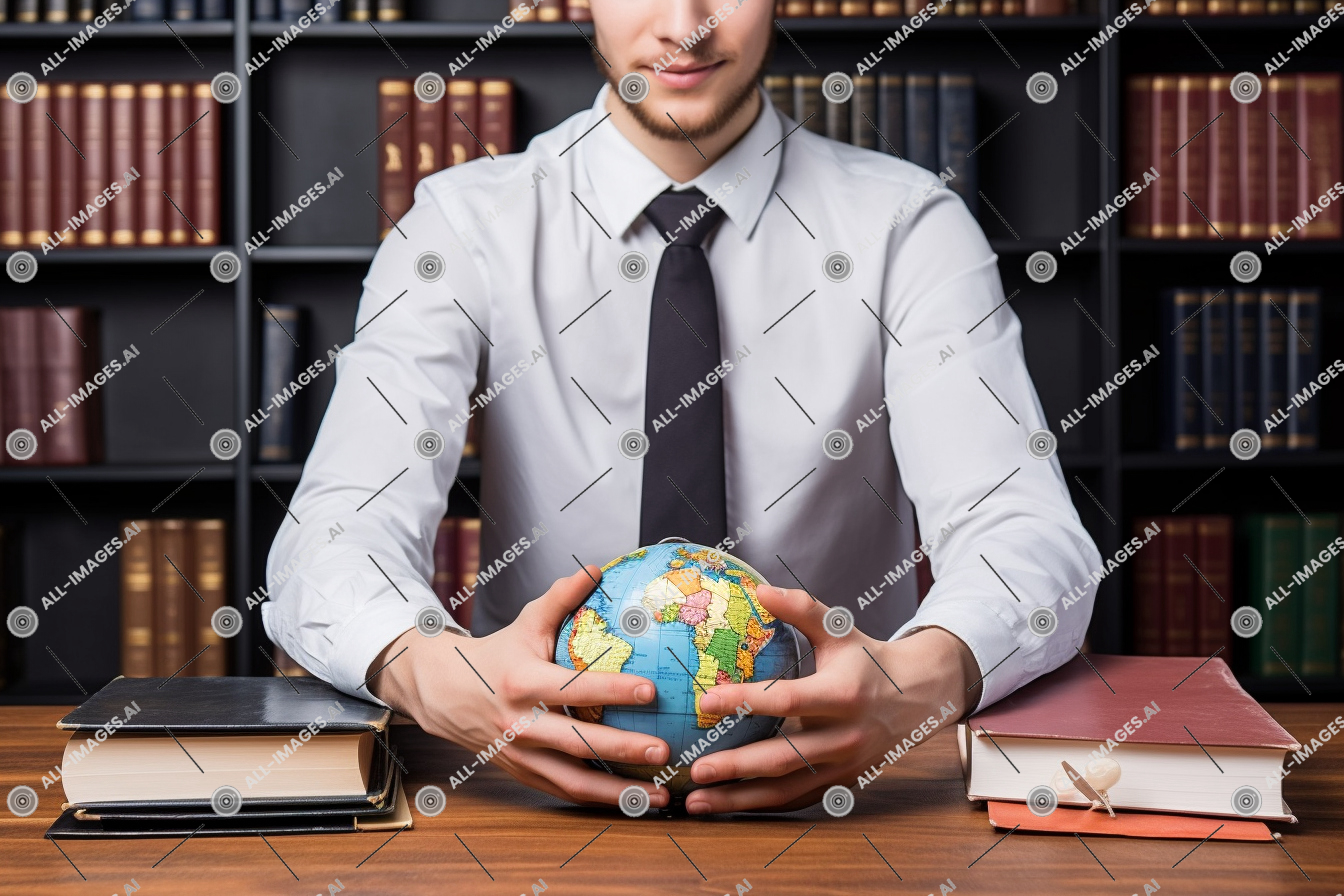 Un homme tenant un globe,livre, personne, étagère, épais, intérieur, captivé, homme, voir, aérien, angle, globe, bibliothèque, séance, arrière-plan, empiler, bureau, étudiant, cravate, livres, bibliothèque, en bois, vêtements