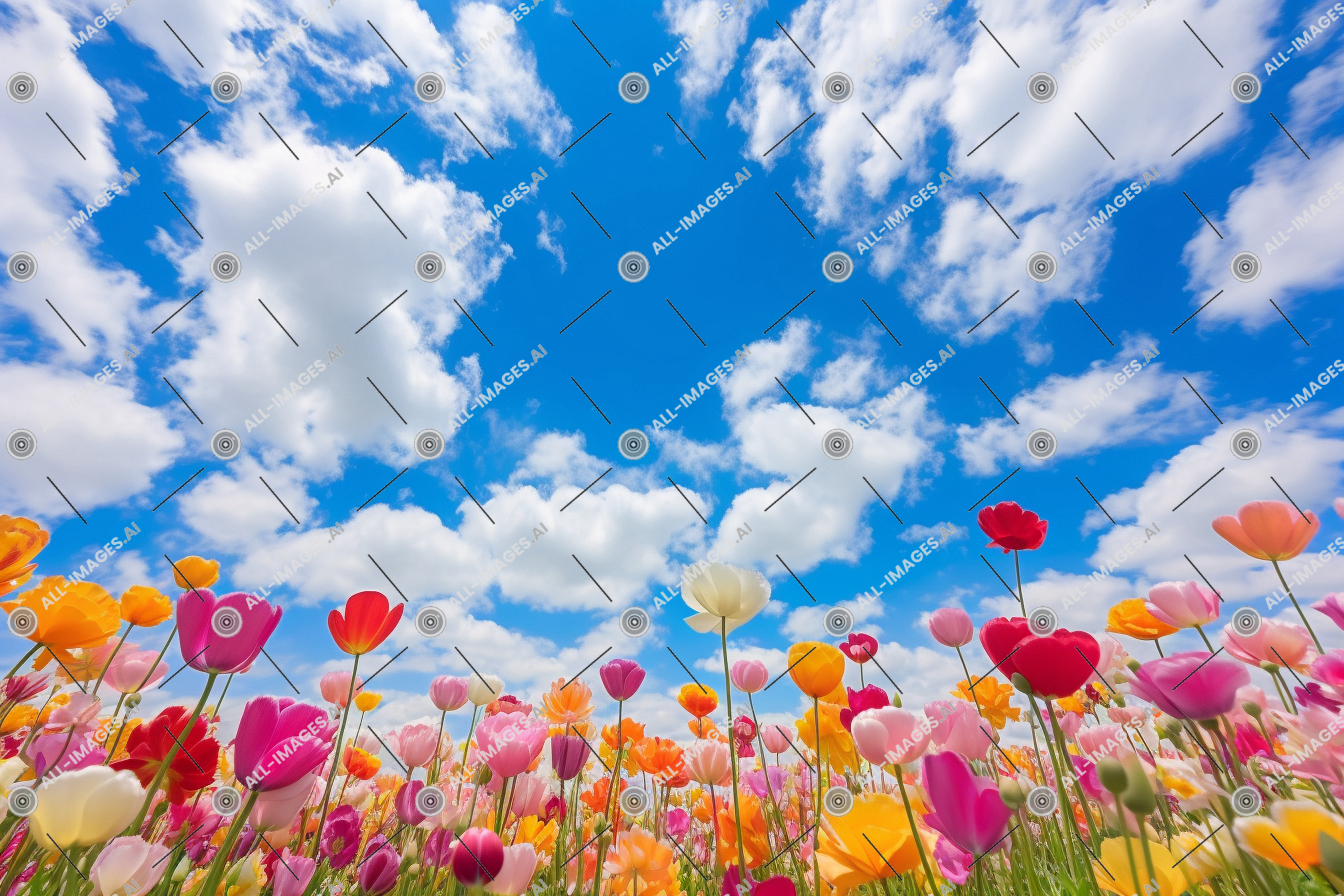Vibrant Tulip Field Under Blue Sky,paysage, herbe, nuage, coquelicot, ciel, usine, printemps, champ, nature, coquelicot, Extérieur, tulipe, fleurs, fleur