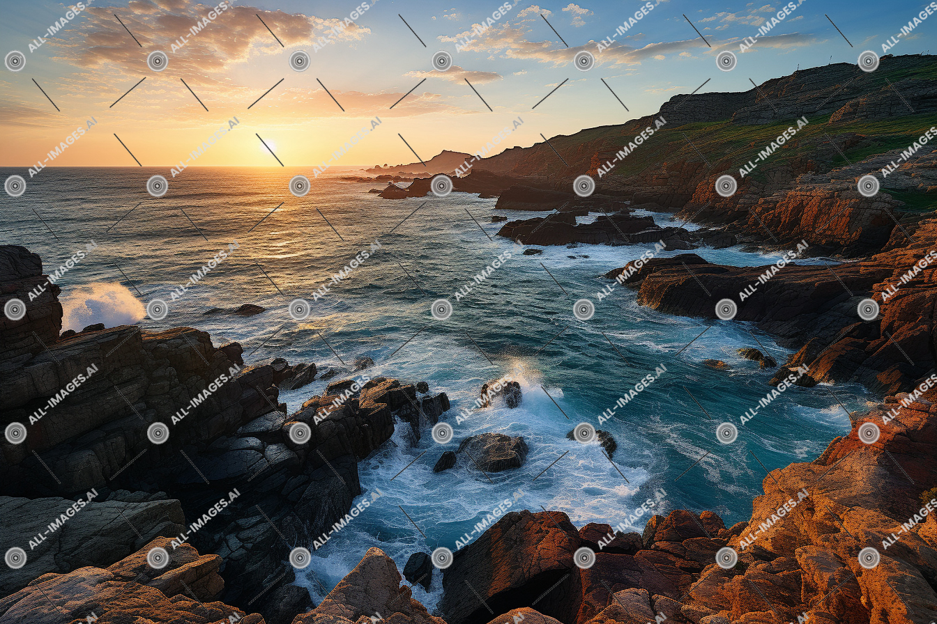 a rocky coastline with a body of water and a sunset,outdoor, landscape, cloud, sky, nature, water, rock, coastal and oceanic landforms, coast, body of water, tide, headland, sea, wave, horizon, skerry, cape, bight, wind wave, raised beach, tide pool, seascape, promontory, beach, shore, sunset, sunrise, calm, edge, ocean, viewed, cliff, serene
