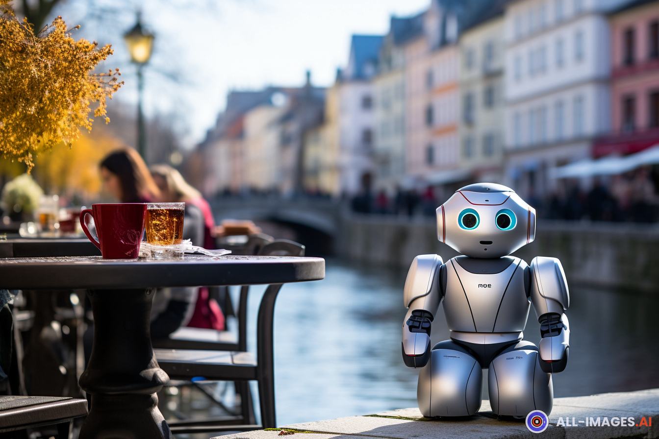 Robot at Outdoor Cafe,Munich, ia, février, Google, tableau, ethnomusicologue, Allemagne, technologie, séance, Extérieur, ville, mafia, bâtiment, eau, jouet, barde, chatbot, rue