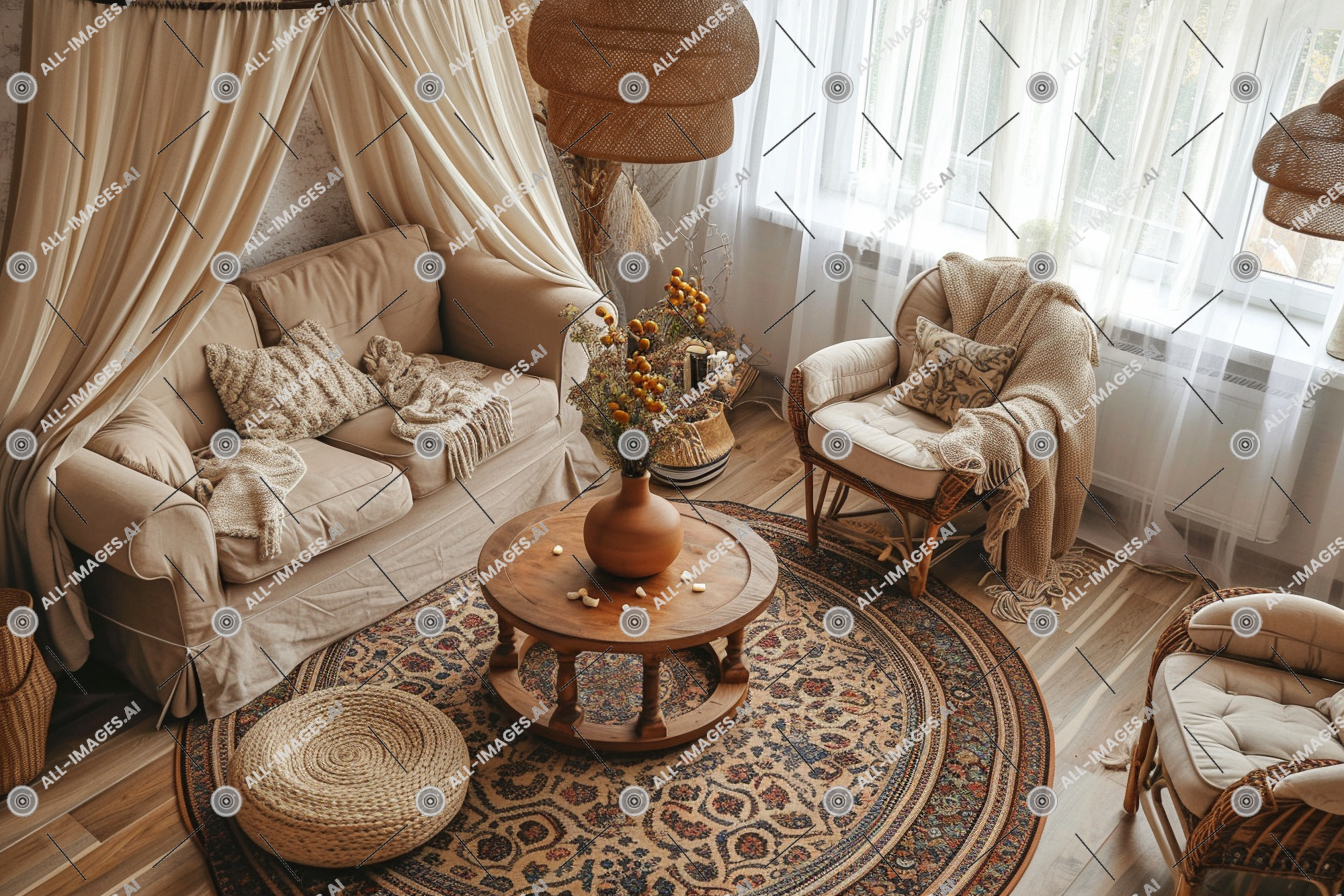 Cozy Bohemian Living Room Interior,braided, beige, couch, template, living, armchairs, cozy, table, rugs, view, decor, coffee, rowan, above, round, frame, pouf, canopy, rounded, house, personal, blanket, accessories, room, wooden, vase