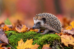 a hedgehog on moss with leaves