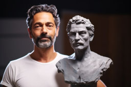 a man standing next to a statue