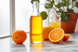 une bouteille de jus d'orange à côté d'oranges