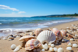 um grupo de conchas em uma praia