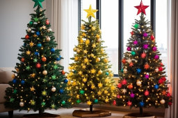 um grupo de árvores de Natal com luzes e ornamentos