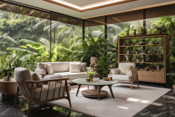 Egy nappali, üvegfallal és növényekkel