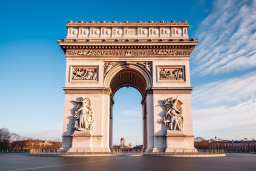 Ein großer Steinbogen mit Statuen mit Arc de Triomphe im Hintergrund