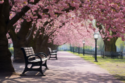 benches on a path with pink trees