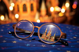 a pair of glasses with a castle reflected in them