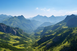 um vale verde com montanhas e árvores