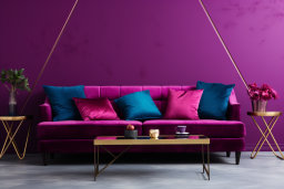 um sofá roxo com travesseiros azuis e uma mesa de café