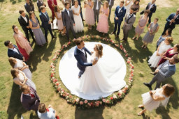 un homme et une femme dansant dans un cercle de fleurs