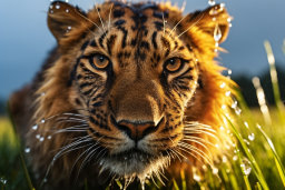 un tigre avec des gouttelettes d'eau sur son visage