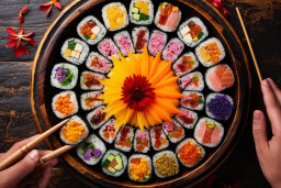 Ein Teller Sushi mit Essstäbchen