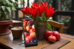un téléphone portable sur un stand à côté d'un vase de fleurs rouges