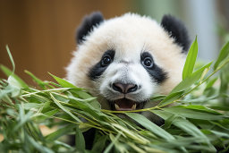 Un panda mange des feuilles d'un tas de feuilles