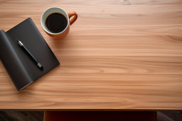 uma xícara de café e um caderno em uma mesa