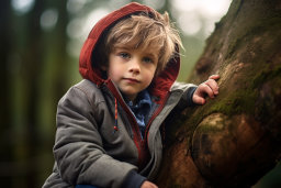 Un garçon dans une veste penchée contre un arbre