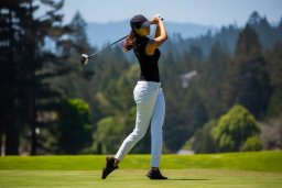 uma mulher a balançar um taco de golfe