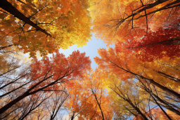 looking up view of trees with orange and yellow leaves
