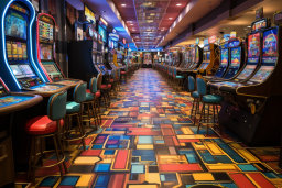 a room with colorful flooring and colorful gaming machines