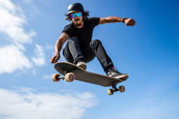 Ein Mann in schwarzem Hemd und Helm, der auf einem Skateboard springt
