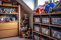 Une chambre avec des étagères et des jouets