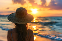 a woman wearing a hat looking at the sunset