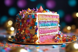 Une tranche de gâteau avec des paillettes colorées