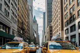 un groupe de taxis jaunes dans une rue de la ville