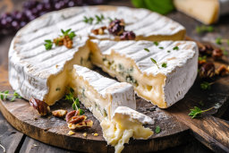 un fromage blanc rond avec des noix et des herbes sur une surface en bois