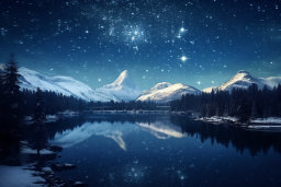un lac avec des montagnes enneigées et des étoiles dans le ciel