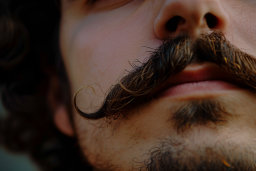 a close up of a man's face with a mustache