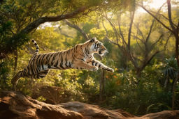 un tigre sautant dans l'air