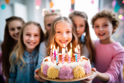 a group of kids holding a cake with lit candles