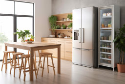 Modern konyha nyitott hűtőszekrénnyel