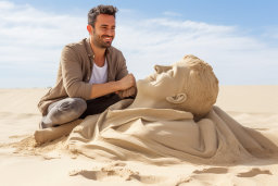 Un homme assis dans du sable souriant au visage d'un homme