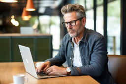 um homem sentado à mesa usando um laptop