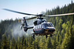 un hélicoptère survolant des arbres