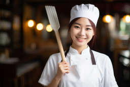 a woman wearing chef uniform and holding a spatula