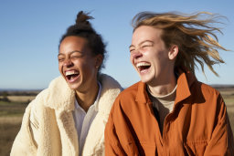 two women laughing and standing outside