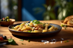 un piatto di pasta con olive e basilico su un tavolo