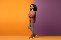 a girl standing in front of a purple and orange wall