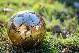 Weathered Golden Soccer Ball on Grass