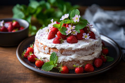 Ein Kuchen mit Erdbeeren oben und Blumen darüber