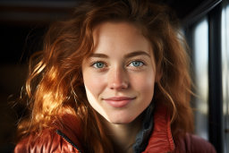Une femme aux cheveux roux et aux yeux bleus